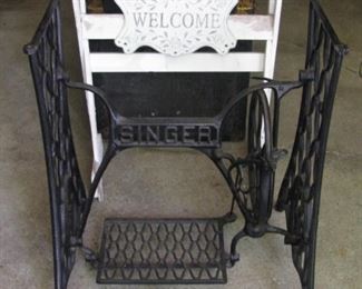 Small white garden bench, sewing machine base