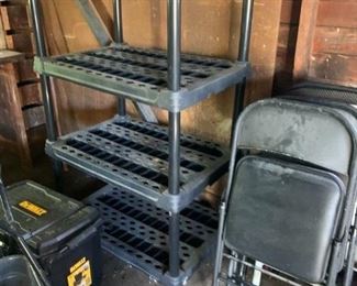 Garage storage shelf, folding chairs, folding table