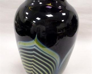 Signed pulled feather art glass vase