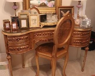 Vintage Gold Gilt Vanity Dressing Table with Chair 