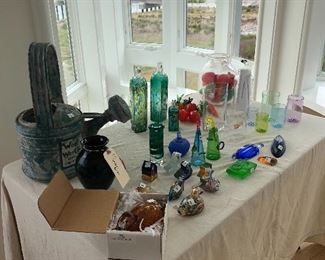 Kosta Boda signed, art glass and a ceramic watering can and clippers from the folk art museum