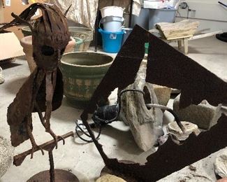 Rusty Owl Sculpture and an abstract (map of...?) rusty sculpture - so much garden art!