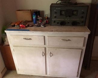 cabinet, shoe shine items, vintage ham reciever extra vaccumn tubes with it