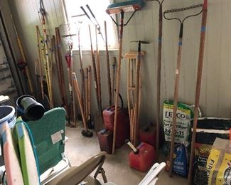 tools, gas cans, potting soil