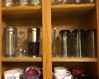 canning jars, coffee mugs,  large collection of Star Bucks mugs and cups