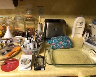 toaster, egg slicers, baking dish, chop sticks,casserole cover,utensils