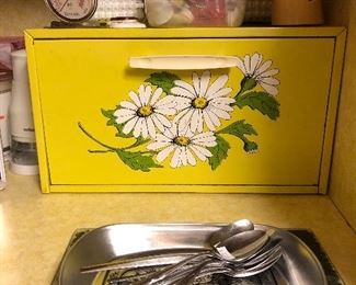 vintage bread box, thermometer, canisters,vintage napkin holder,grapefruit spoons, bread  dish, chip clips