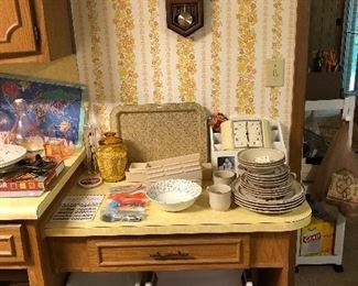 dishes, clock, trash cans, vintage clock, vintage trays