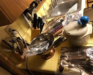 copper colander, silverware, knife block, knives, Nordic covered dish,utensils, baster