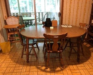 table and four chairs, high chair, trash can,  nikon telephoto lens with case, vintage silverware