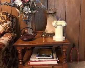 matching end table, tea pot, vase, column,book, magazines, lamp shade,  lamp harp