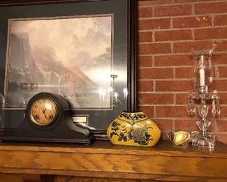 mantle clock, picture, vase, matching lamp, candle in holder