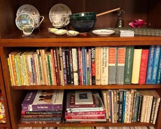 books, book case, teacups, rice bows with chop sticks, milk glass bowl