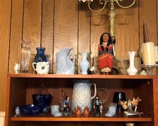 book case, teacups, antique pitcher, antique flower vases, vintage american indian with papoos souvenirdoll