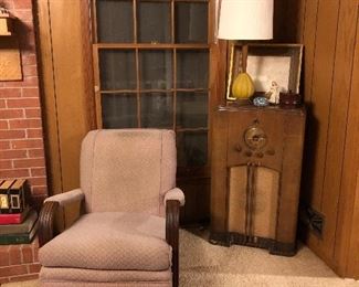 vintage chair antique  Crosley radio, vintage lamp, vintage figurine, deer picture