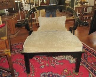 Pr of Chinese black lacquer chairs on a great rug ..