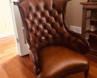 Immaculate custom leather wing back chair