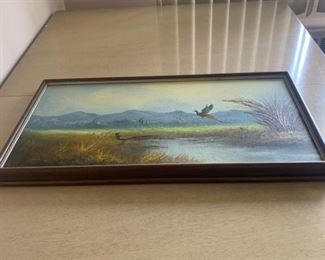 Oil Painting of Geese by Lake with Wooden Frame
