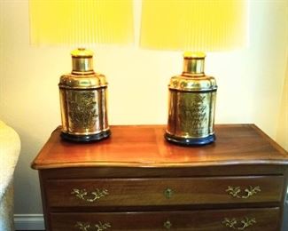 Small vintage chest of drawers and matching pair of Asian inspired brass lamps and shades.
