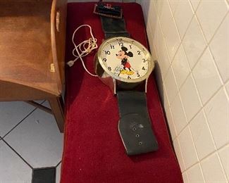 Bench with iron legs 
Mickey Mouse wall clock 