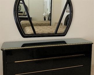 Vintage Lane Black Lacquered Bedroom Set: Headboard, Nightstand, Dresser w Mirror