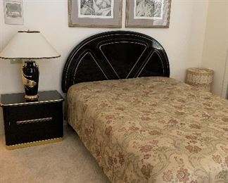 Vintage Lane Black Lacquered Bedroom Set: Headboard, Nightstand, Dresser w Mirror