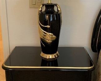 Vintage Lane Black Lacquered Bedroom Set: Headboard, Nightstand, Dresser w Mirror