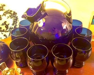 Vintage Colbalt Blue Tilted Pitcher With Eight Matching Glasses