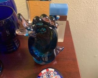 Art Glass Blue Rooster & Unsigned Millefiori Glass paperweight 