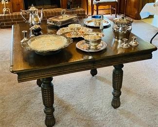Antique Table on Castors • Silver & Silverplate • Weighted Sterling Candle Holders 