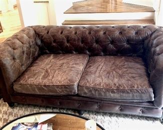 Button tufted leather sofa beautiful patina