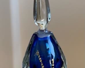 *Signed* Art Glass Perfume Bottle Studio Made Blue/Gold 9.75x2.5x2.5in