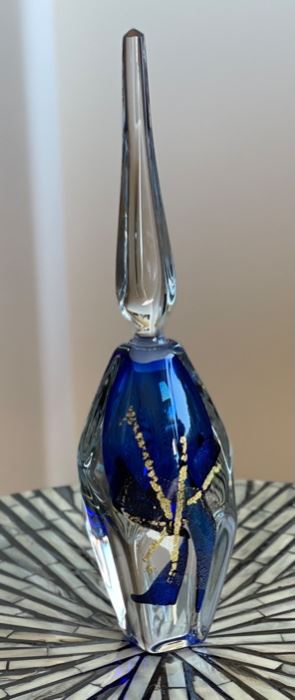 *Signed* Art Glass Perfume Bottle  Studio Made Blue/Gold	9.75x2.5x2.5in
