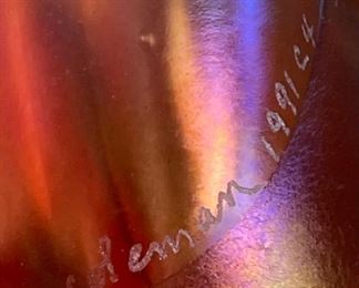 Robert Coleman Iridescent  Art Glass Perfume Bottle 1991 C4	6x2.5x1.5in
