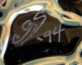 Signed Art Glass Perfume Bottle Applied Studio 1994 Swirl Top	4.5in H x 3.5in Diameter
