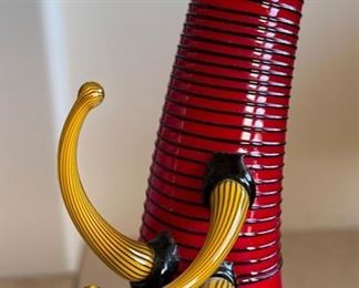 Michael Meilahn Contemporary Art Glass 3-Toed Teapot Vase Sculpture Red w/ Yellow arms  O'Meilahn	13in H x 8in Diameter
