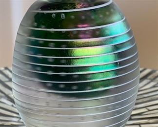 Eickholt Studio Art Glass Perfume Bottle  Iridescent Striped  Controlled Bubble	5.5in H x 3.5in
