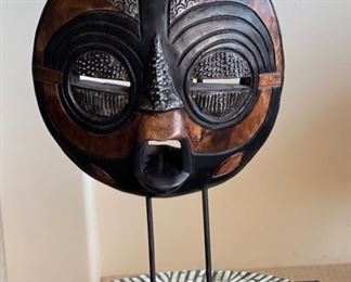 Ghana Hand Carved Mask On Stand #2 African Tribal	18in H x 13.5x5in
