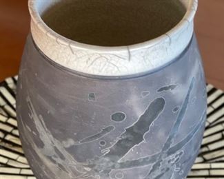 Signed Studio Raku Pottery Vase	10.25 x 6in Diameter
