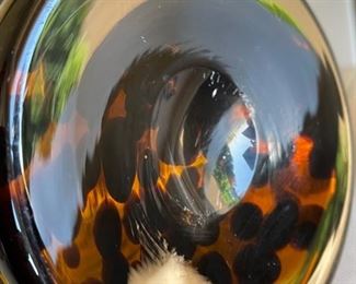 Art Glass Hand Blown Ice Bucket Unsigned  Tortoise Shell Ice	9.5x9.25x8in

