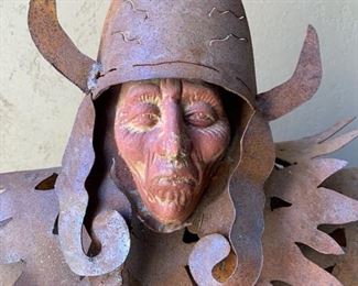 Rustic Metal Native American Warrior with Terracotta Face 	28x24x5
