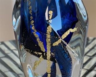 *Signed* Art Glass Perfume Bottle  Studio Made Blue/Gold	9.75x2.5x2.5in
