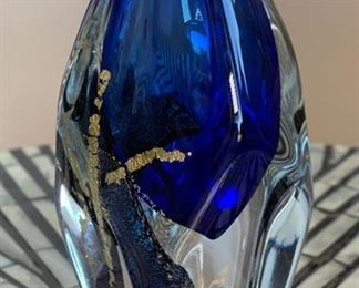 *Signed* Art Glass Perfume Bottle  Studio Made Blue/Gold	9.75x2.5x2.5in
