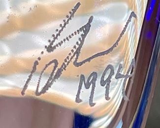 *Signed* Art Glass Perfume Bottle  Studio Made Blue/Gold	9.75x2.5x2.5in
