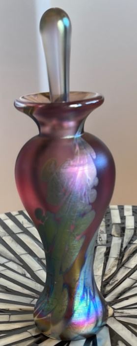 Brian Maytum Art Glass Perfume Bottle Studio 1993 Satin Iridescent	6.5in H x 2in Diameter
