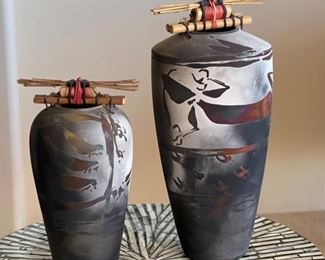 2pc Scott Lindberg LMNO Arts Raku Pottery Vases PAIR	Largest: 12in H x 5.25 in diameter

