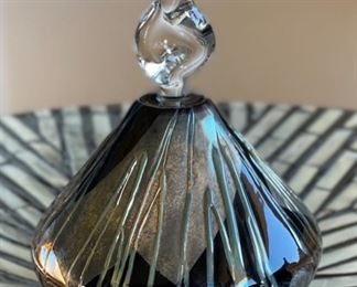 Signed Art Glass Perfume Bottle Applied Studio 1994 Swirl Top	4.5in H x 3.5in Diameter
