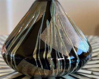 Signed Art Glass Perfume Bottle Applied Studio 1994 Swirl Top	4.5in H x 3.5in Diameter
