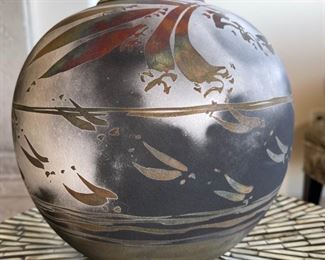 Scott Lindberg LMNO Arts Raku Pottery Round Vase	9in H x 9in Diameter
