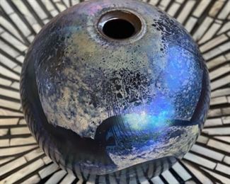 Rich Miller Art Glass Vase Iridescent	4.25in H x 5.5in dia
